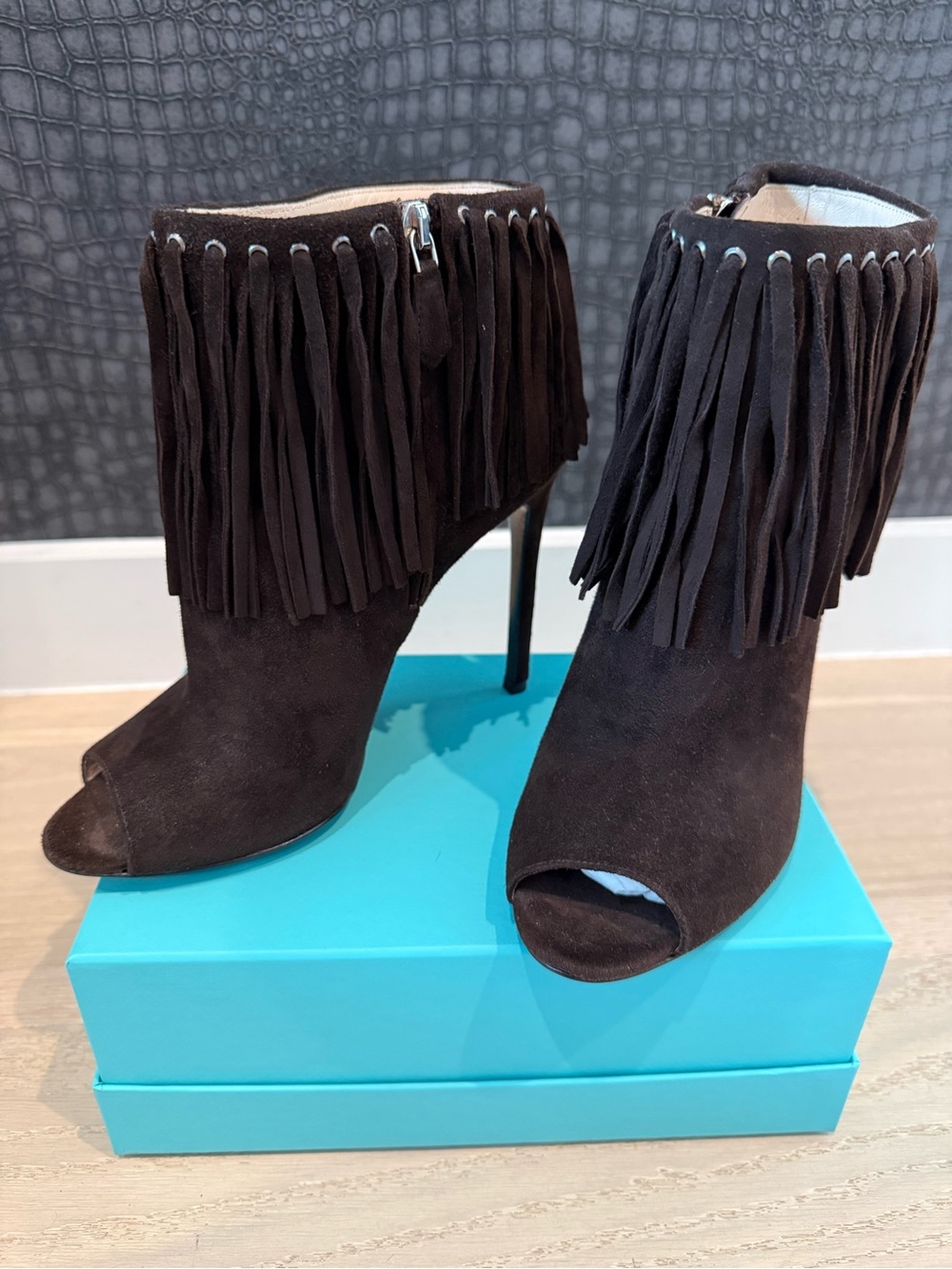 AUTHENTIC Prada chocolate brownSuede Fringe Peep-Toe Stiletto Ankle Boots